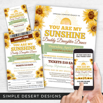 elegant and fun daddy daughter dance theme sunflowers you are my sunshine flyer order form tickets and social media template bundle